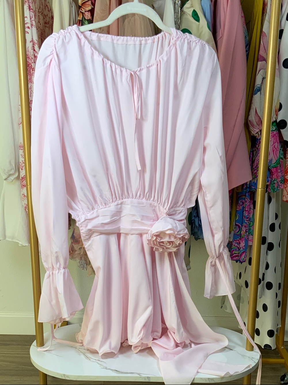 Women's Light Pink Peasant Blouse with Waist Flower - Picture 4 of 15